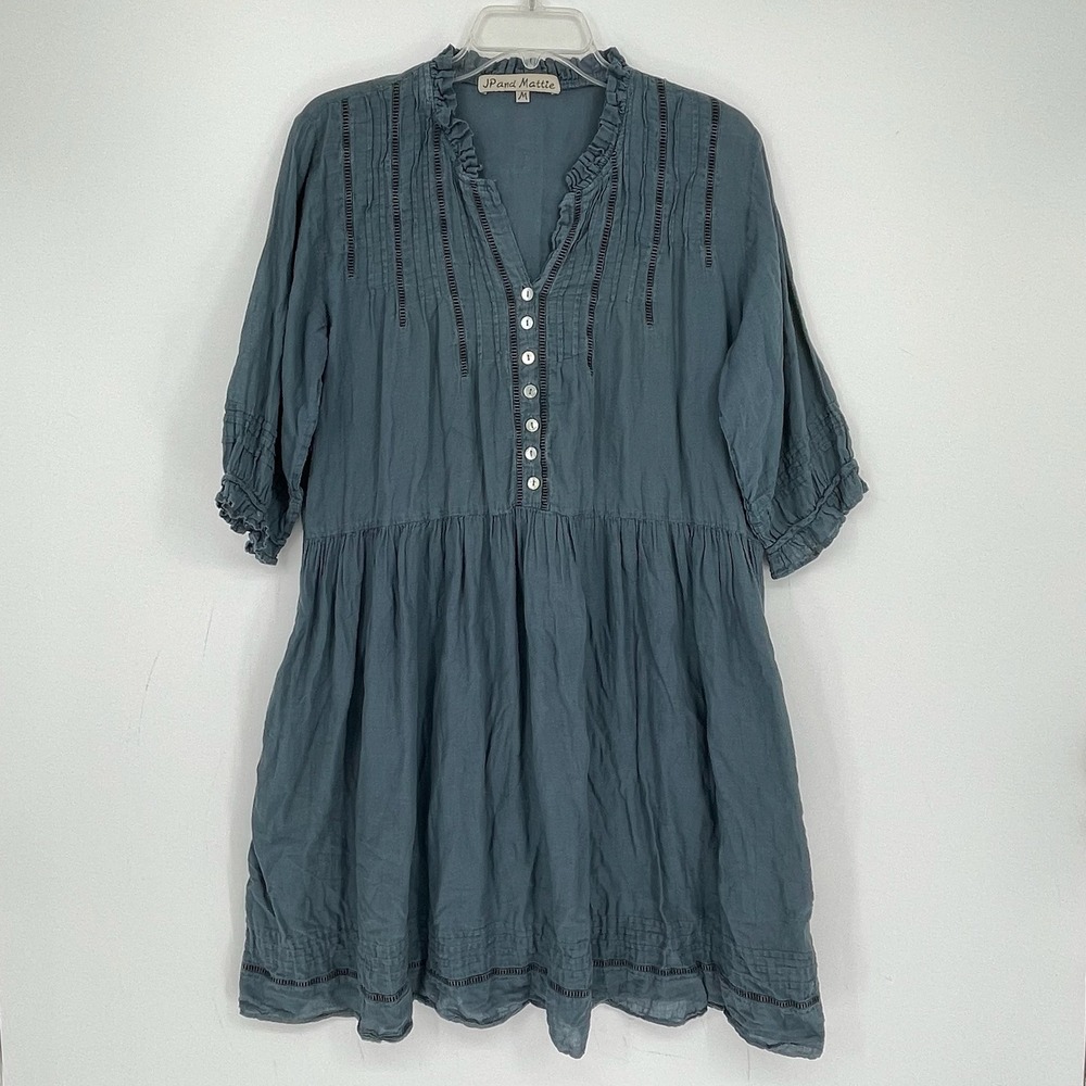 JP and Mattie Women's Blue Chambray Pintuck Ruffle Babydoll Dress Size M